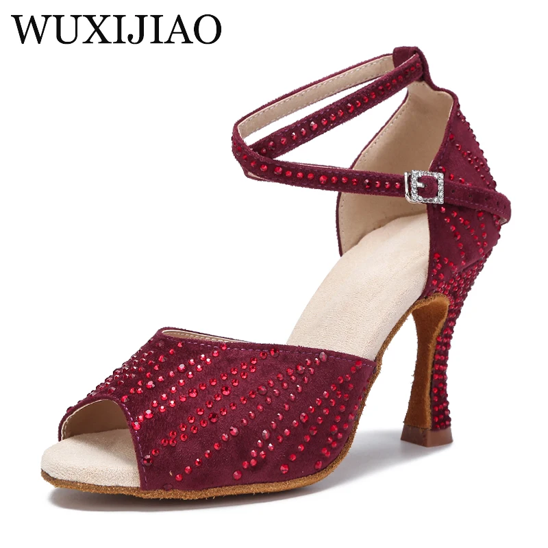 WUXIJIAO women Crystal Latin Dance Shoes Black Green Ballroom Salsa Shoes Girls Show Latin Dance Shoes