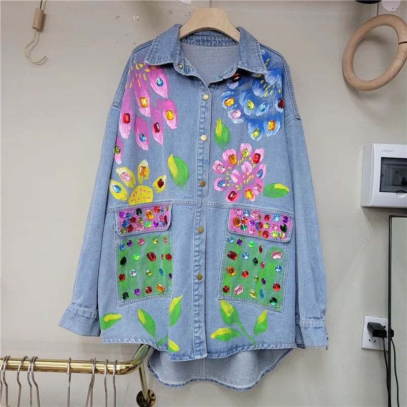 Hand-painted Graffiti Flower Print Denim Shirt Coat Spring Women Casual Diamond Big Pocket Long Sleeve Jeans Jacket Veste Femme