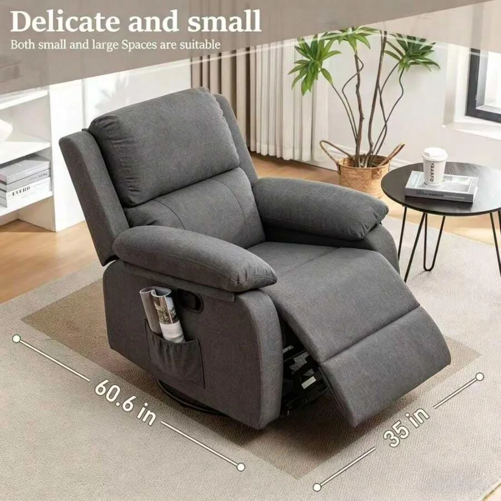 Recliner Chair 360 Swivel Rocker for Adults Small Space Upholstered Fabric Glider with Padded Armrests Modern Living Room Bedroom Reading Room Office Lounge Seating 300lbs Capacity Easy Assembly view 3