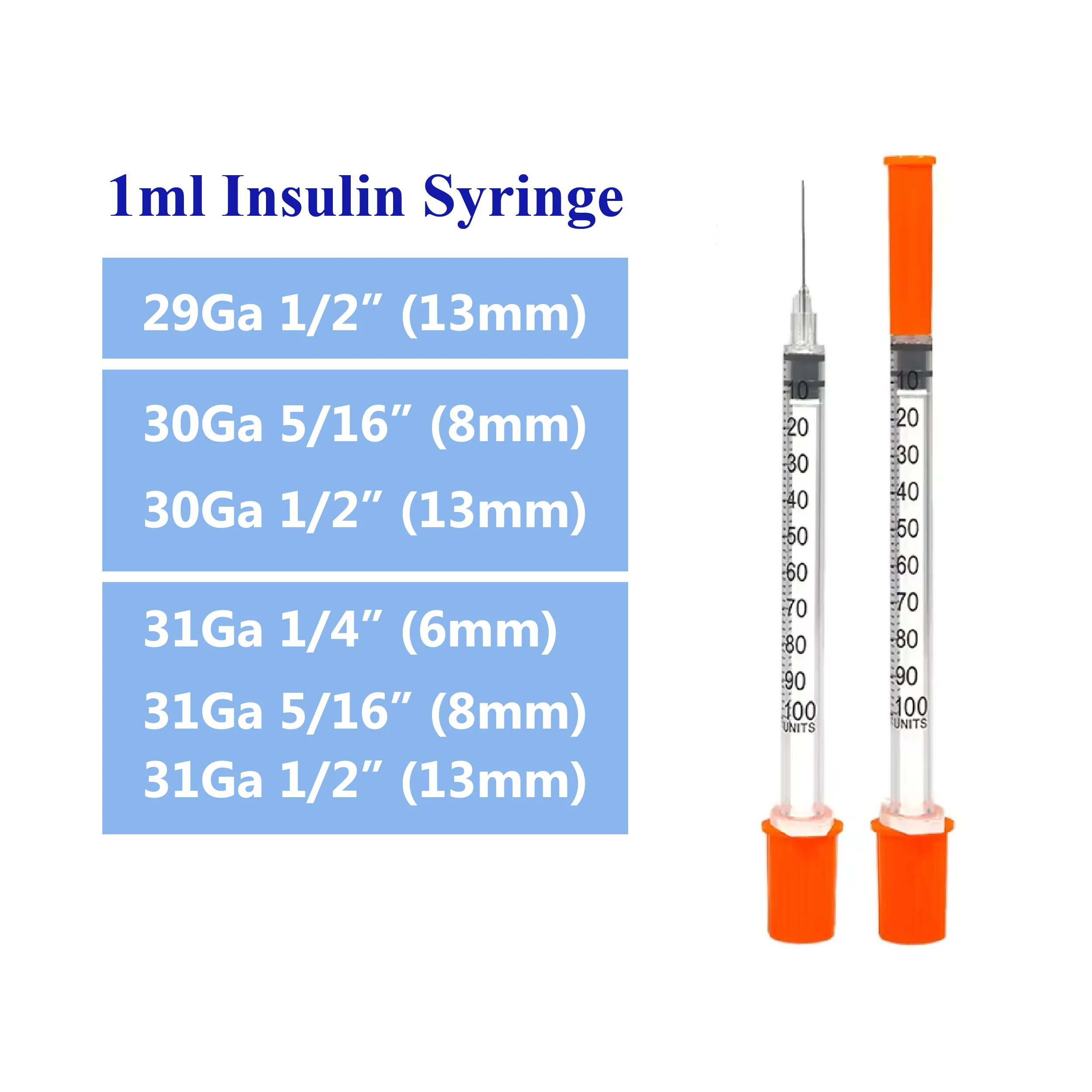 500pcs 1ml All Sizes 29G/30G/31G Sterile Insulin Orange Cap Syringe 6mm/8mm/13mm Needle Individually Packed for Pets Farm Animal