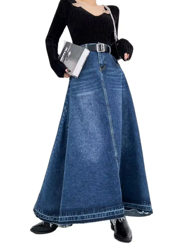 

GUUZYUVIZ Vintage Blue Denim Long Skirt Women High Waist Tassel Raw Hem A Line Umbrella Jean Skirts For Ladies