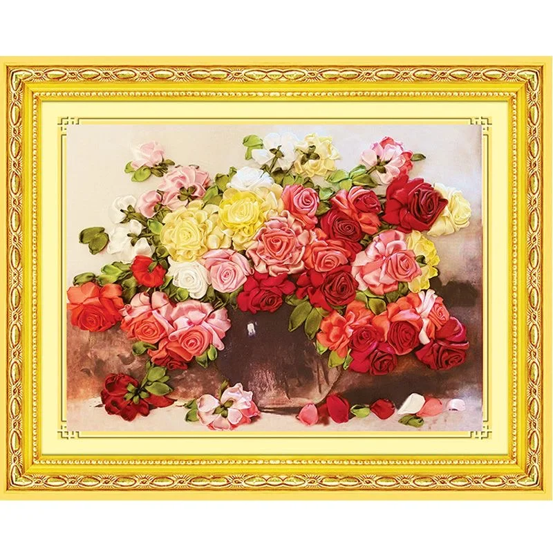 DIY Ribbon Cross Stitch Kit Needlework Embroidery Red Rose Flower Love Wall Decor Cross-Stitch Painting for Home Decoration