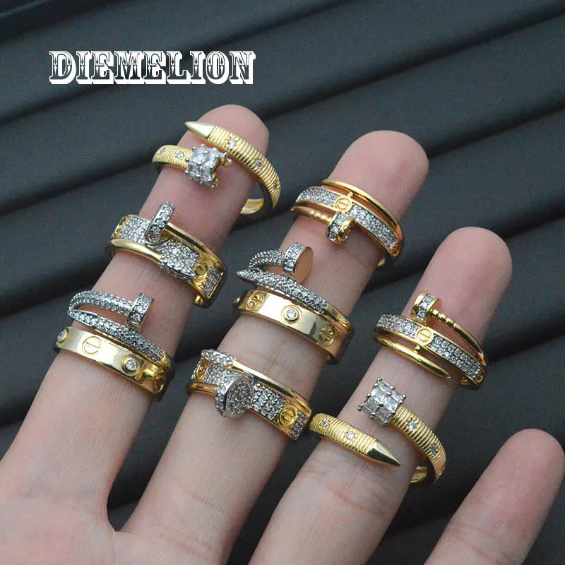 

Luxury Two-tone Design Multi-layer Open Adjustable Zircon Nail Rings Exquisite Screw Rings for Women Men Punk Hip Hop Jewelry
