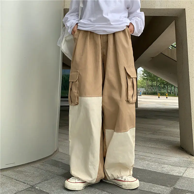 

Korean version ins street Japanese style retro contrasting color splicing leg casual pants overalls trousers for men and women