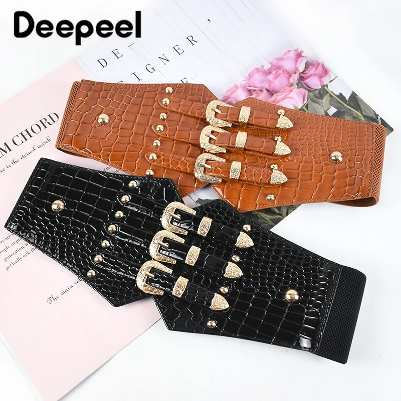 Deepeel 1pc 13*70cm New Fashion Women PU Metal Cummerbunds Rivet Elastic Decorative Corset Luxury Female Harness Waist Belt