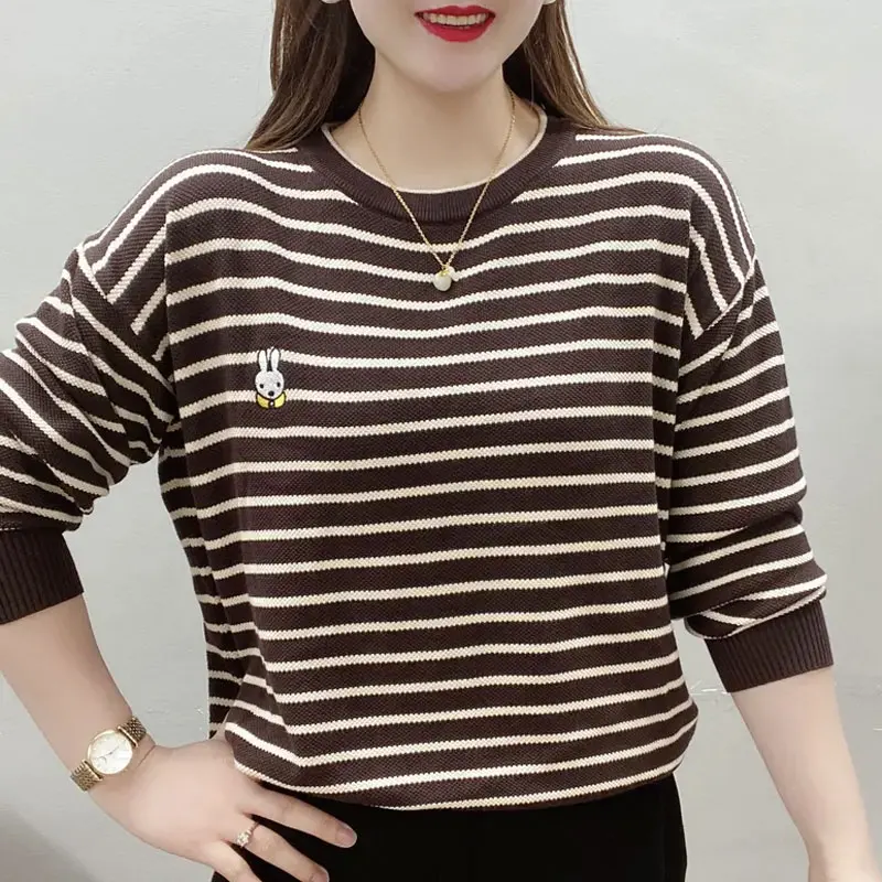 Spring Autumn Striped Loose Blouse Korean Screw Thread Casual Women's Clothing Stylish Cartoon Embroidery Commute O-Neck Shirt