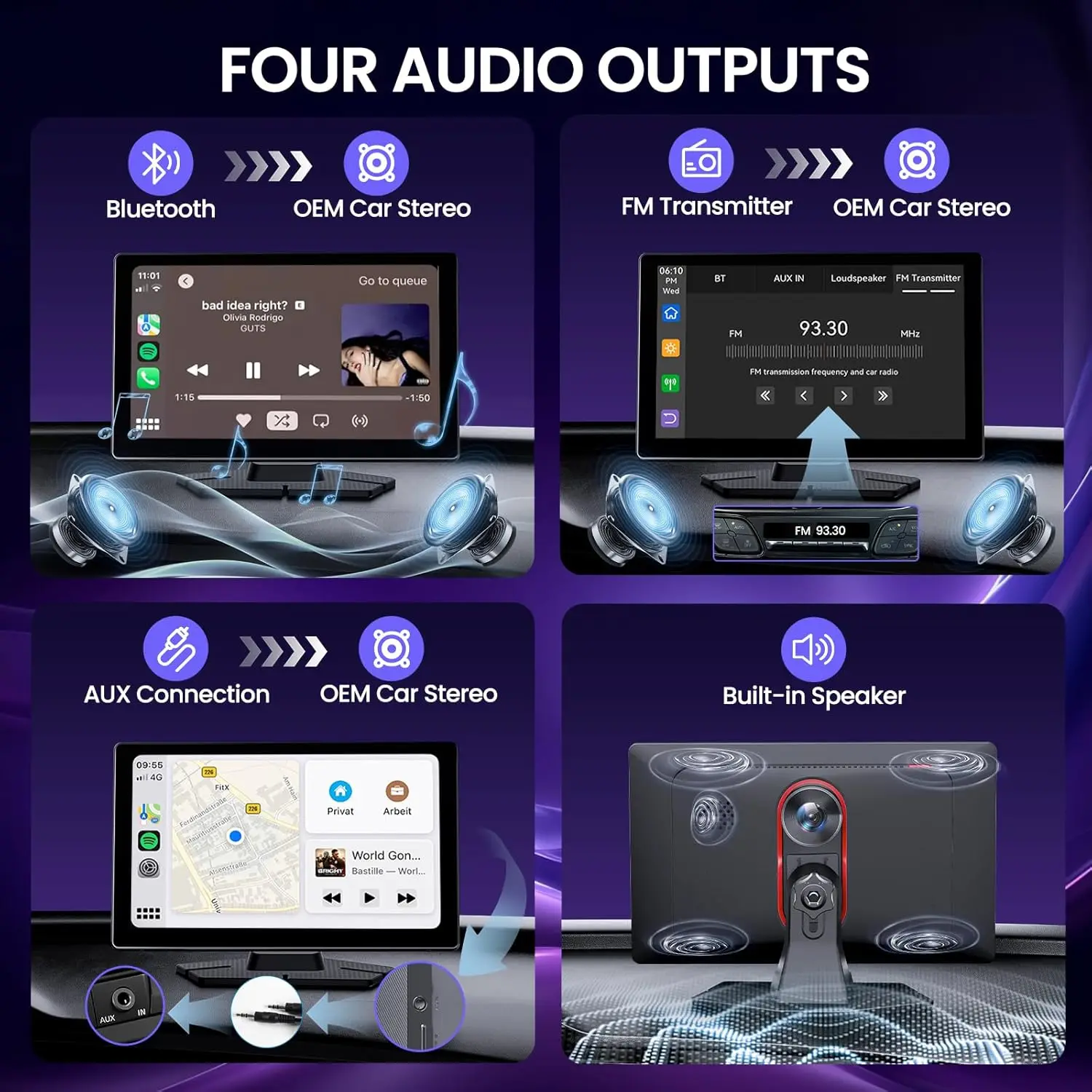 9,0-дюймовый беспроводной экран CarPlay с видеорегистратором 4K и резервной камерой 1080P, автомобильной стереосистемой с сенсорным экраном и CarPlay, Android Auto, GPS, Mir