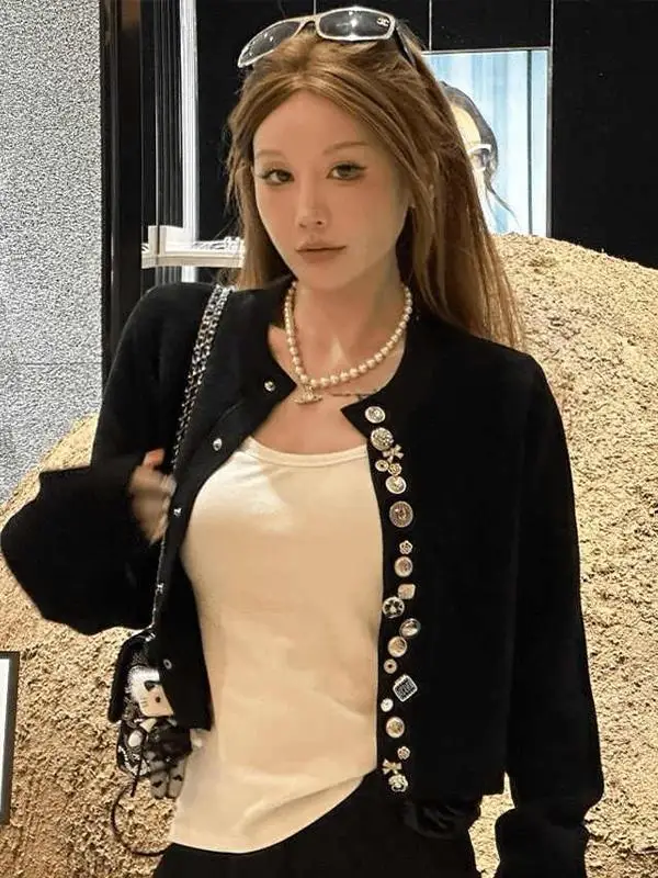 Black Knitted Short Cardigan Coat Spring New Style Luxury Sensation Fragrant Style Women's Top Short Length Fashionable Outer...