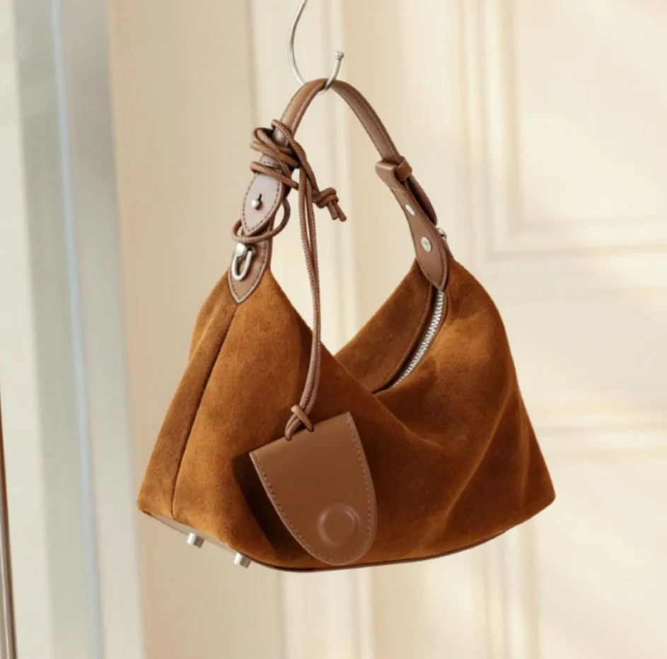 cowhide suede hobo shoulder crossbody bag Korean version of high-quality fashionable luxury bag genuine leather women bag