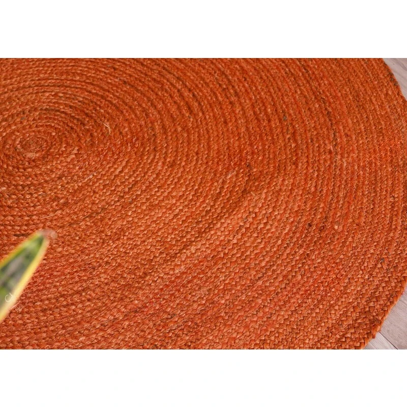 Handmade Orange Jute Braided Round Rug Bohemian Entryway Circle Area Jute Rug