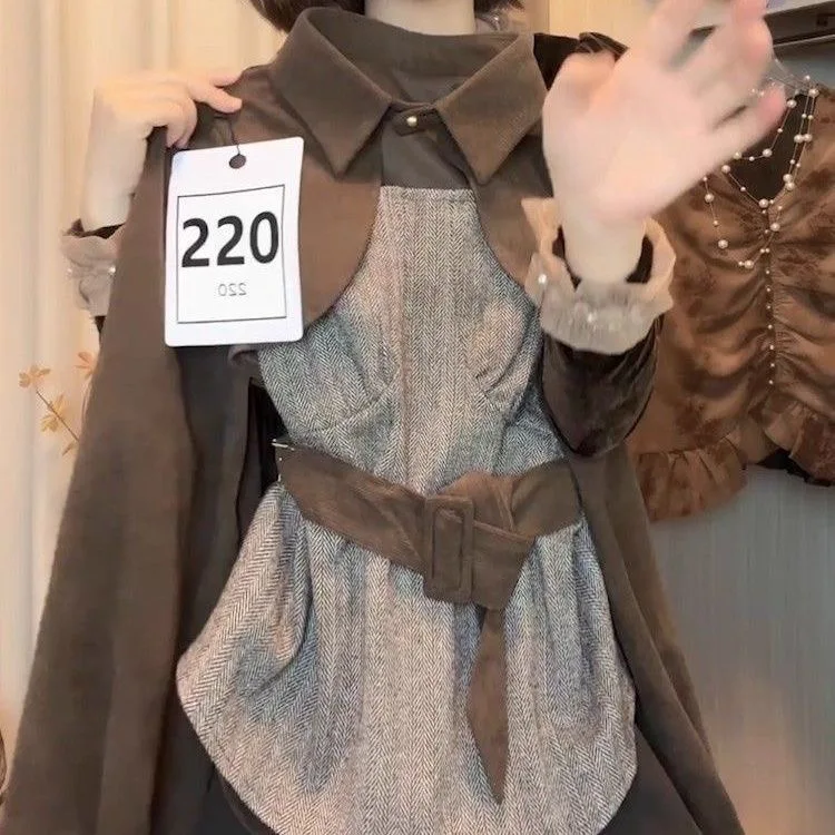 Retro Luxury Color Blo  Collar Long Sve Women's irt Button Splicing Design Comfortable Breathable Polyester Fabric