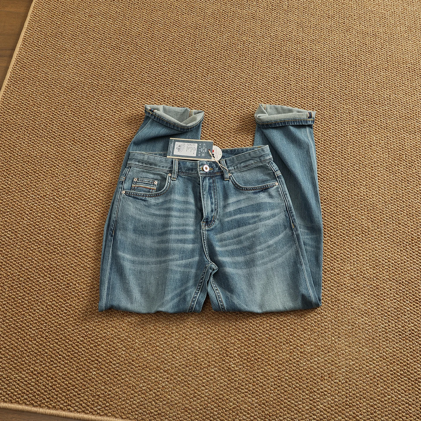 

Vintage Light Blue Washed Selvedge Denim Jeans - Slim Straight Fit Leg-Lengthening & Breathable Summer Thin Style Stretch Pants