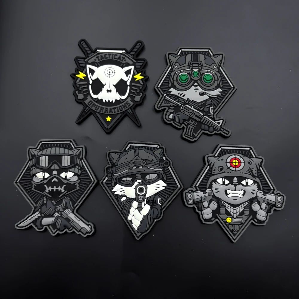 A Cat Squad Pattern Pvc Patch Badge Sticker, with a Glow-In-The-Dark Effect, Has Hook Fasteners on the Back, Suitable for Bags, Backpacks, Vests, and Clothing Decoration, Embroidered Patch Stickers, Soft Rubber