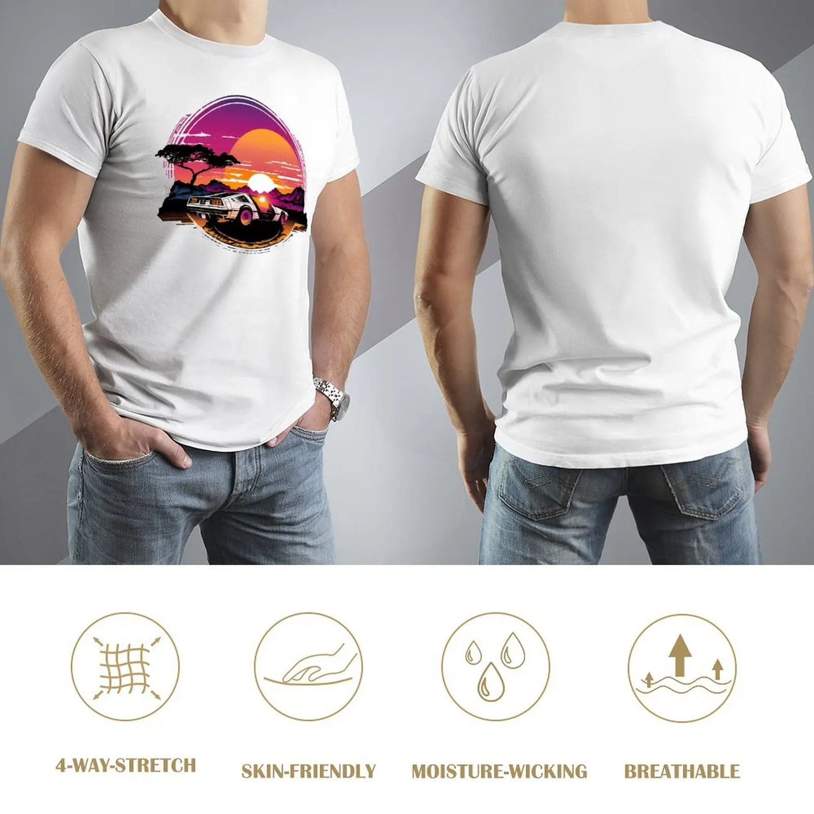 Synthwave DeLorean Car Drive Into The Future T-shirt Harajuku Sport  Humor Graphic T-shirts Top Quality Travel USA Size