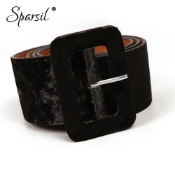 Sparsil-Cinturón de terciopelo dorado para mujer, cinturón de vestir con hebilla Rectangular, abrigo de lana, suéter, otoño