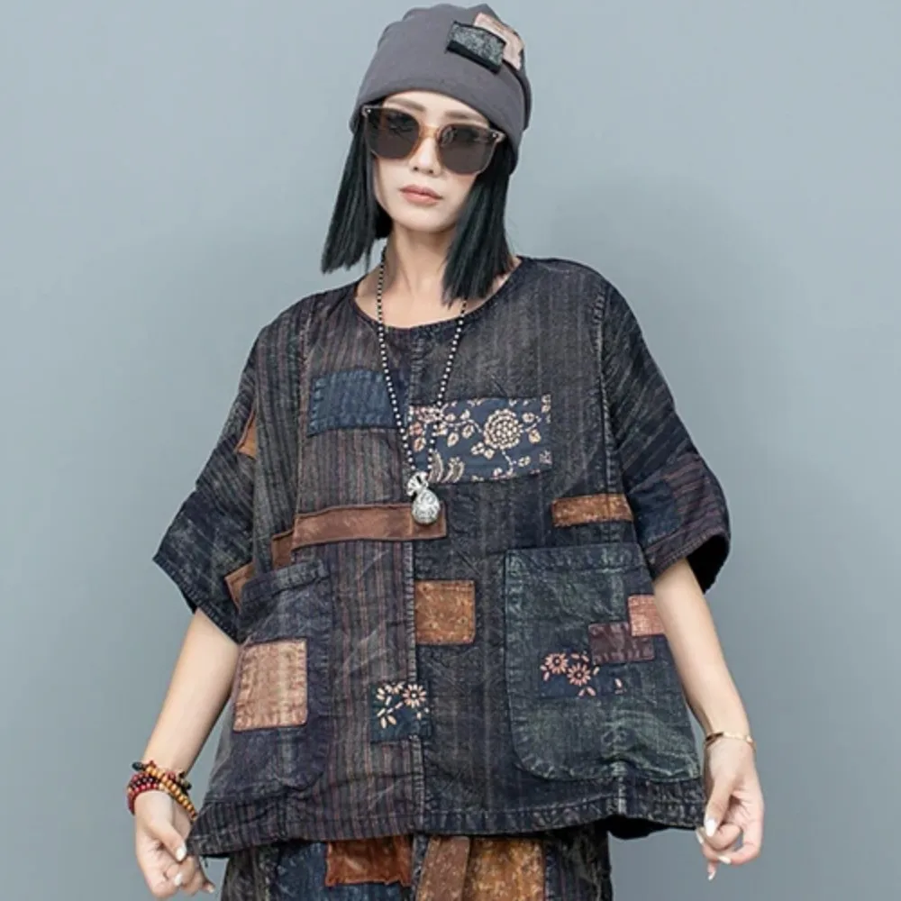 

Old Fabric Patchwork Short Sleeved Top Women 2024 Summer Loose Fit Large Size Top LX1572