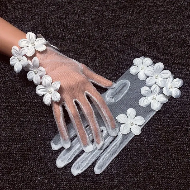 Korean Simple Short White Transparent Mesh Flower Pearl Wedding Dresses Gloves For Bride Evening Parties etiquette Accessories image 3