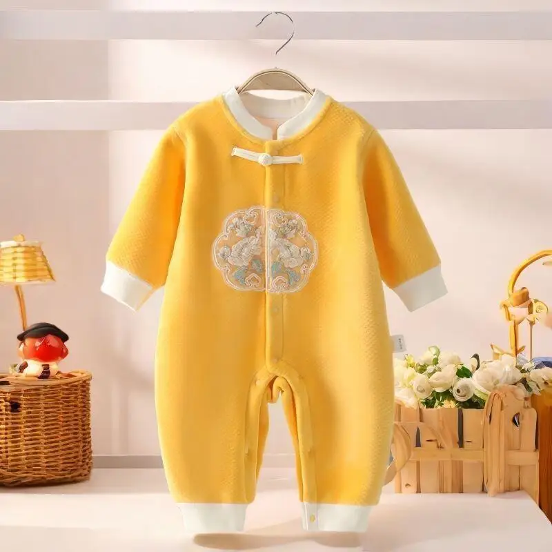 

Spring Autumn Winter Boys Girls Baby Organic Cotton Bodysuit Fleece Lined Romper Warm Thick Loungewear Onesie Kids Clothes