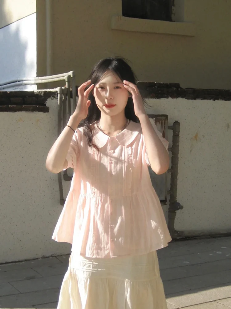 

Korean Sle Sweet Doll Collar Pink ort Sve Women's Summer irt Loose Pleated Bubble Sve Top Thin Lace Snowflake Design