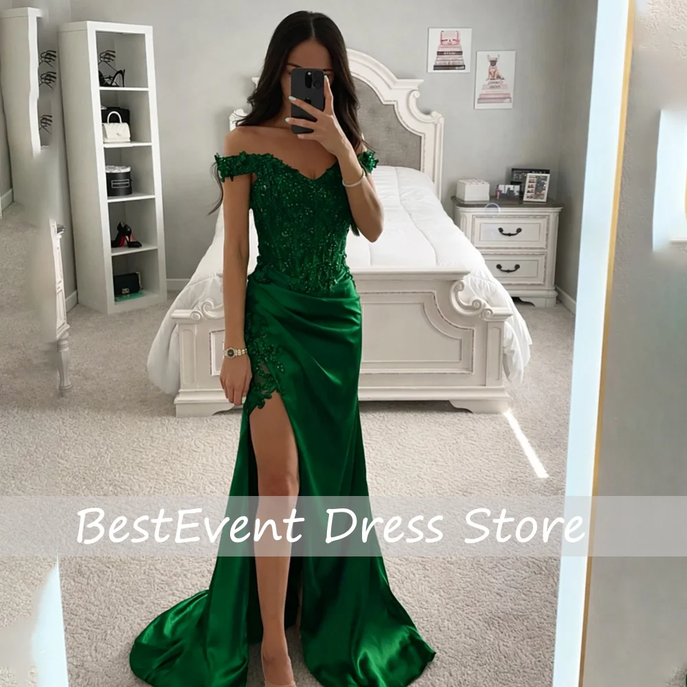 

Custom Made Off Shoulder Bridal Evening Dress Sheath Sexy Lace Pleated Backless Floor Length Slit Side Prom Dress with Train