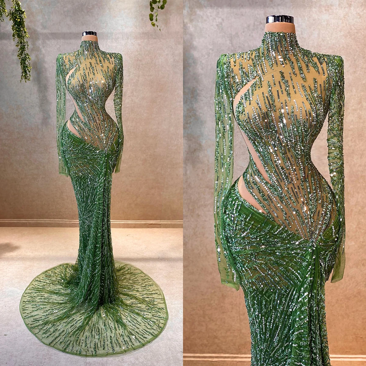 Sexy Prom Dresses Mermaid Evening Dress Long Sleeves High Neck Sequins Lace Appliques Diamonds Beads Zipper Plus Size Customized