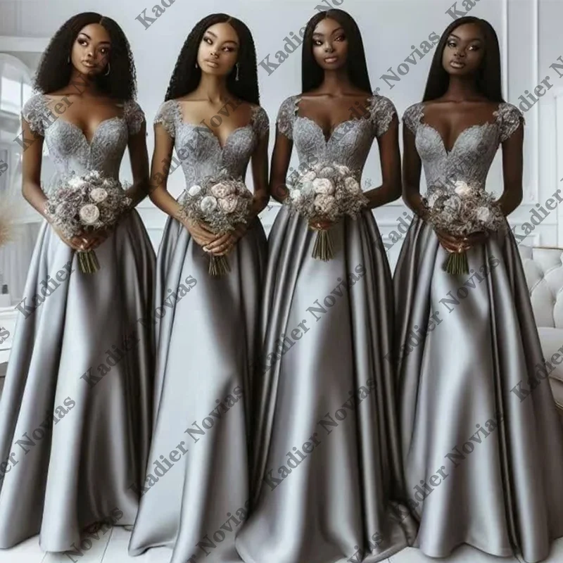 

A Line Satin Silver Bridesmaid Dresses Cap Sleeves Wedding Guest Dress Robes Invitee Mariage Evening Party Gowns Customized