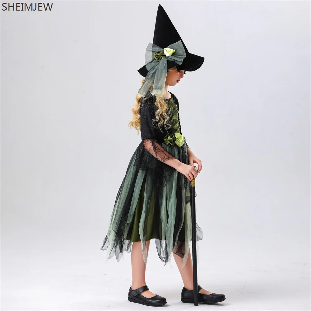 สาวแม่มดคอสเพลย์เครื่องแต่งกายหมวกแหลมฮาโลวีนเด็กเทพนิยายชุดปาร์ตี้สวมหน้ากากคาร์นิวัลเวทีแสดงแต่งตัว