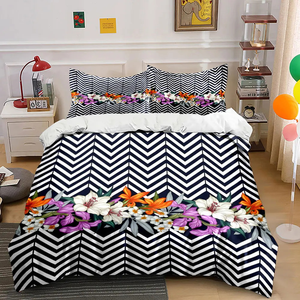 Flowers and Jagged Lines Background Print Bedding Set 1 Duvet Cover 2 Pillowcases for Adult and Children Luxury Gift Full Size