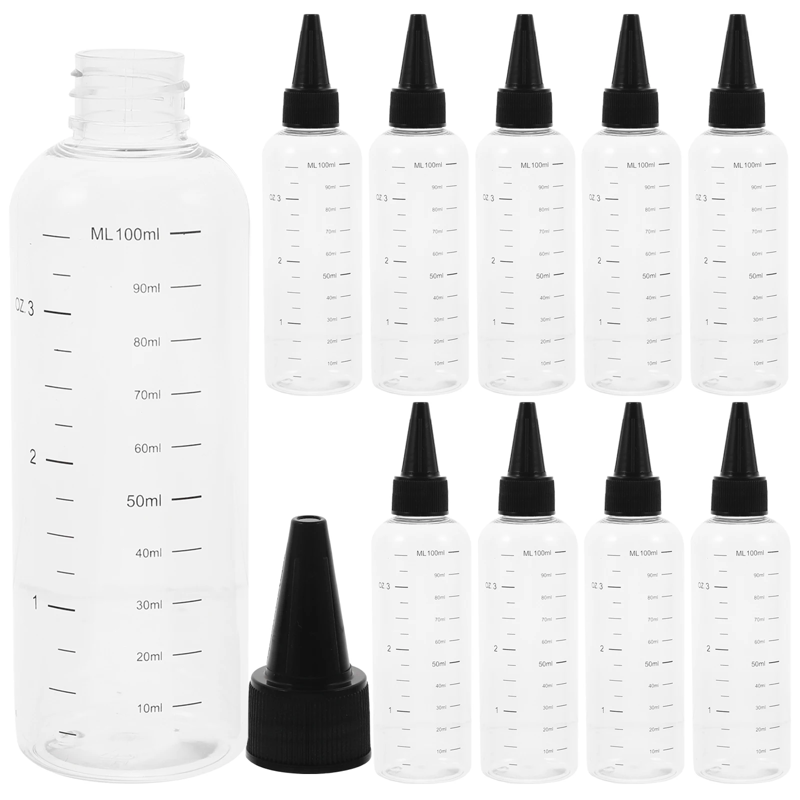 

10pcs Graduated 100ML Black Cap Empty Containers Refillable Dropper Visible Liquid Container Pointed Mouth Plastic Bottles