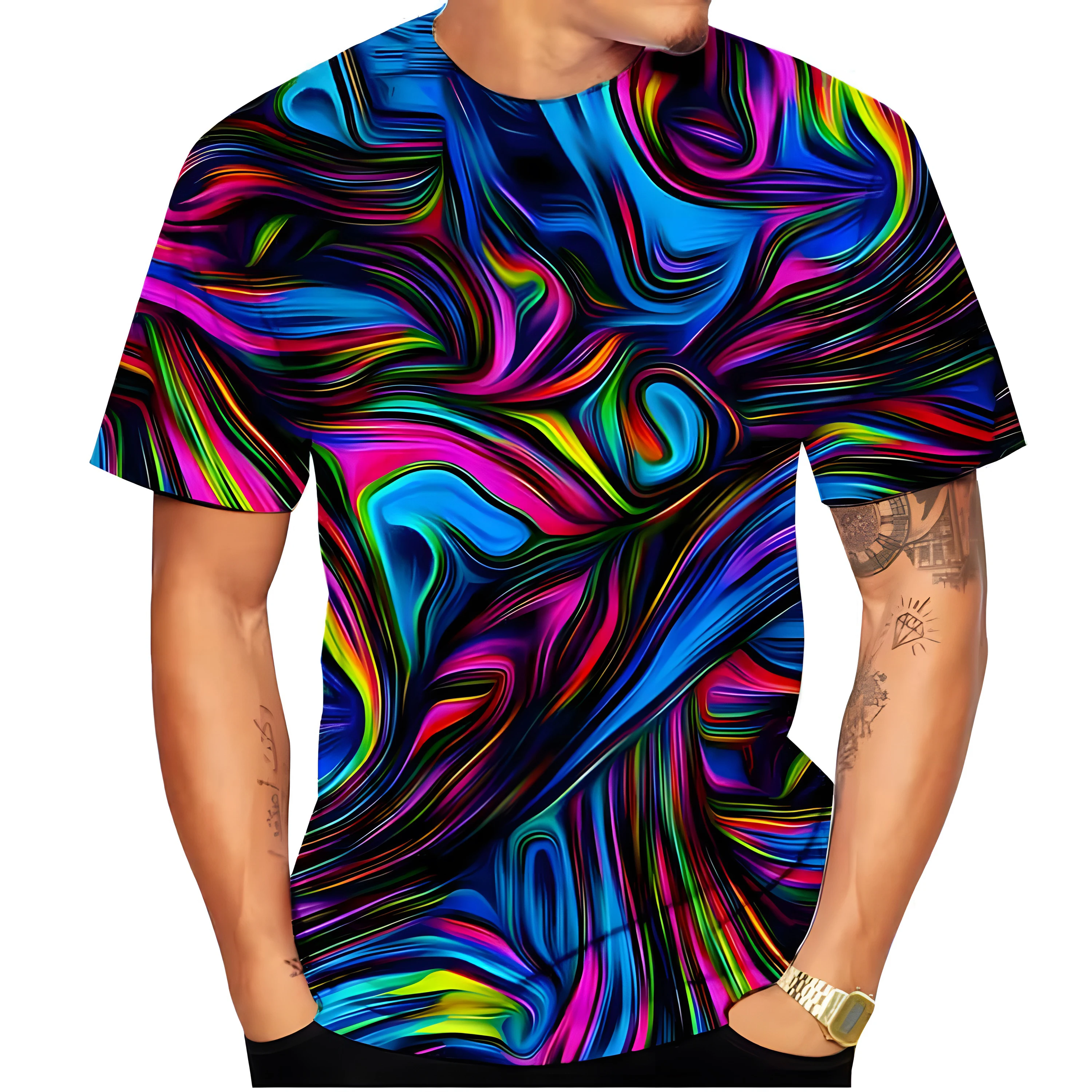 New Fashion 3D Rainbow Color Printing Black and White Vertigo Hypnotic T-Shirt Men Women Summer Casual Short Sleeve Shirt Tops