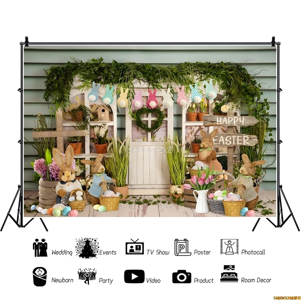 Spring Easter Baby Shower Backdrop Wood Door Floor Rabbit Grass Flower Newborn Birthday Party Photography Background Studio Prop