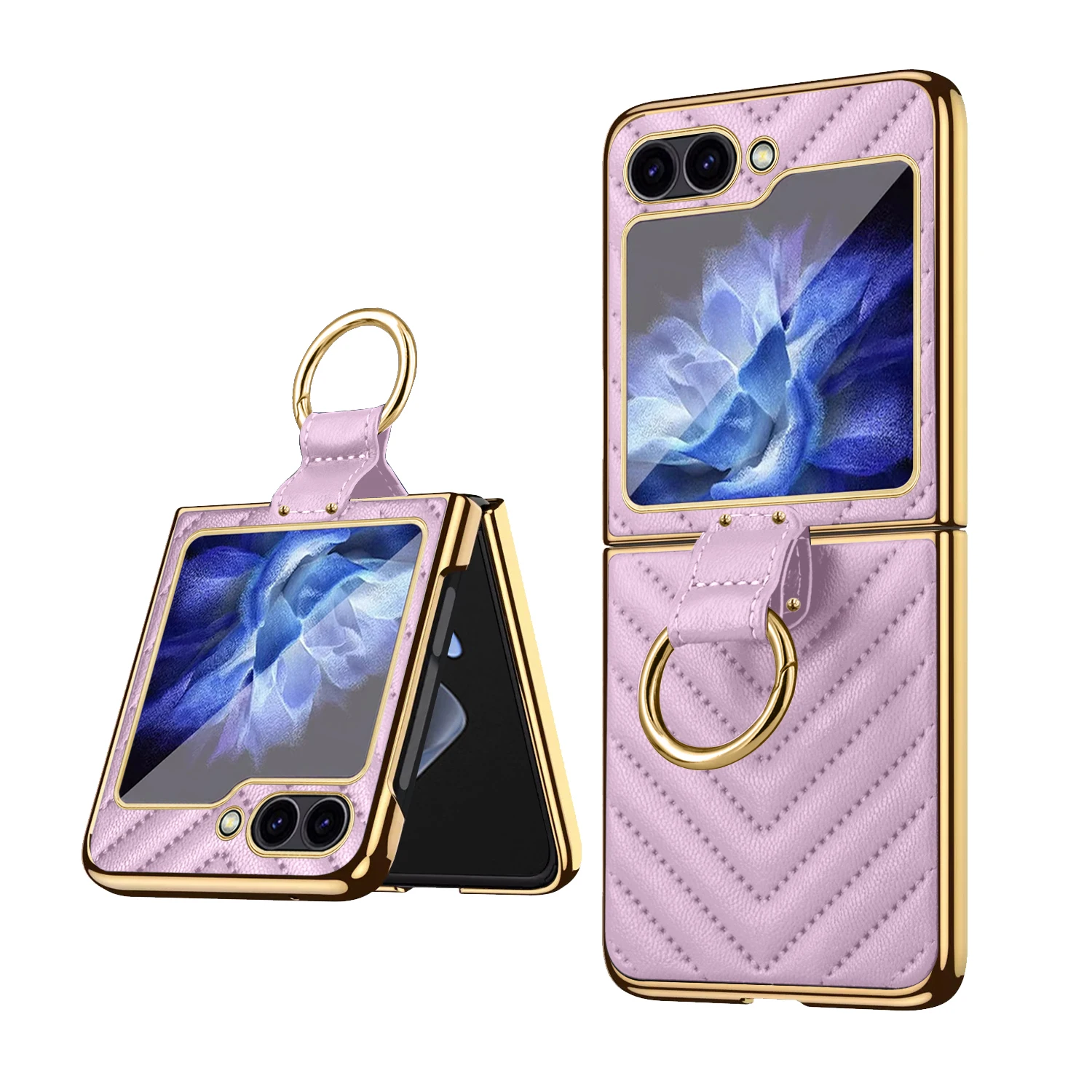 VIETAO Case for Samsung Galaxy Z Flip 6, Ultra Thin Luxury Quilted Leather Gold Plated Frame Folding Women Case with Ring Holder