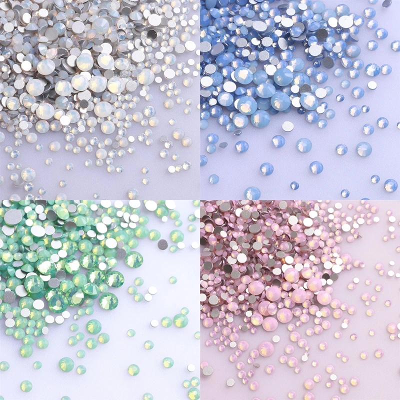 1440Pcs Mix Size White Opal Series Glass Flatback Rhinestone High Quality Glitter Diamond Glue on Stones for Nail Art Decoration