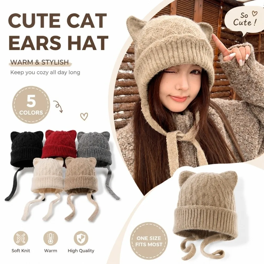 Windproof Cat Ear Knit Hat Warm Knitted 3D Cat Ear Soft Beanie Stretchy Fit Skin Friendly Head Cover Winter Commuting
