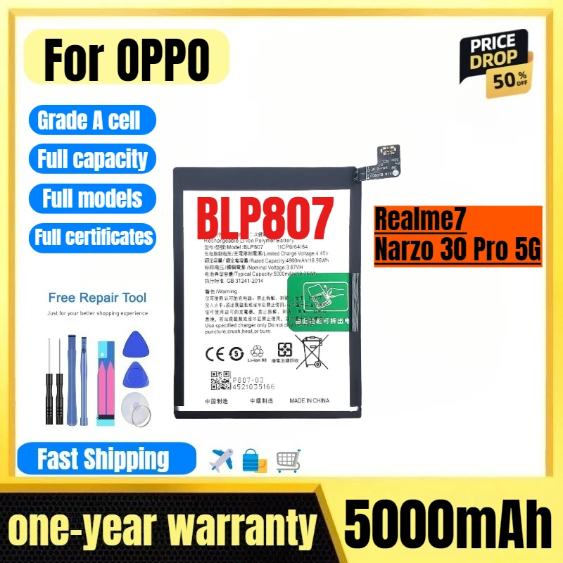 

BLP807 for OPPO Realme7/Narzo 30 Pro 5G Phone Battery High Quality High Capacity Replacement Bateria Grade A Cell with Tools