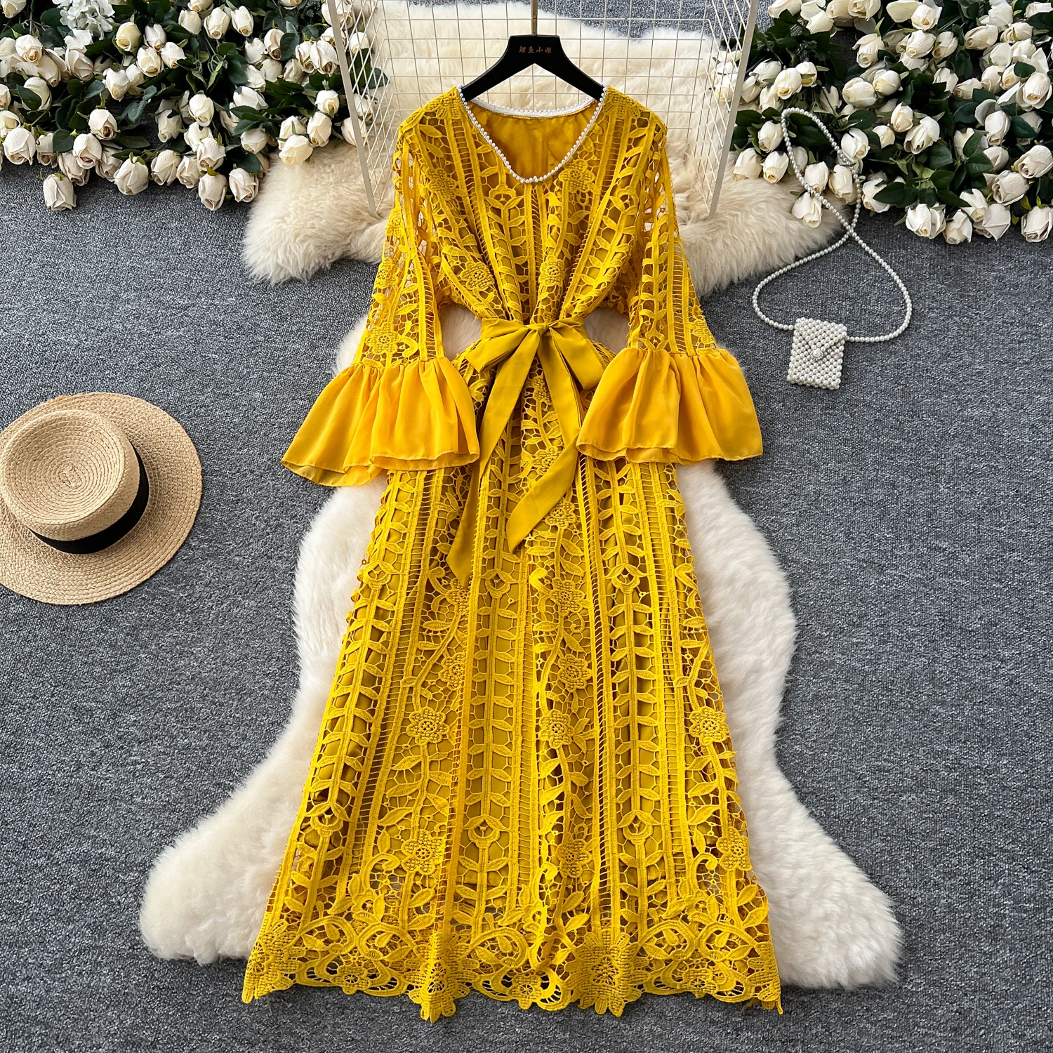 SuperAen Retro Hollowed-OUT โครเชต์ลูกไม้เอว Flared Sleeve Dress Big Swing Elegant Dress