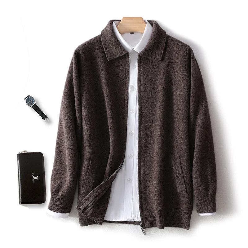 100% Pure Wool Cardigan Autumn And Winter Men's Knitted Cardigan New Loose Outer Wear Trend Lapel Thickened Plus Size Coat.