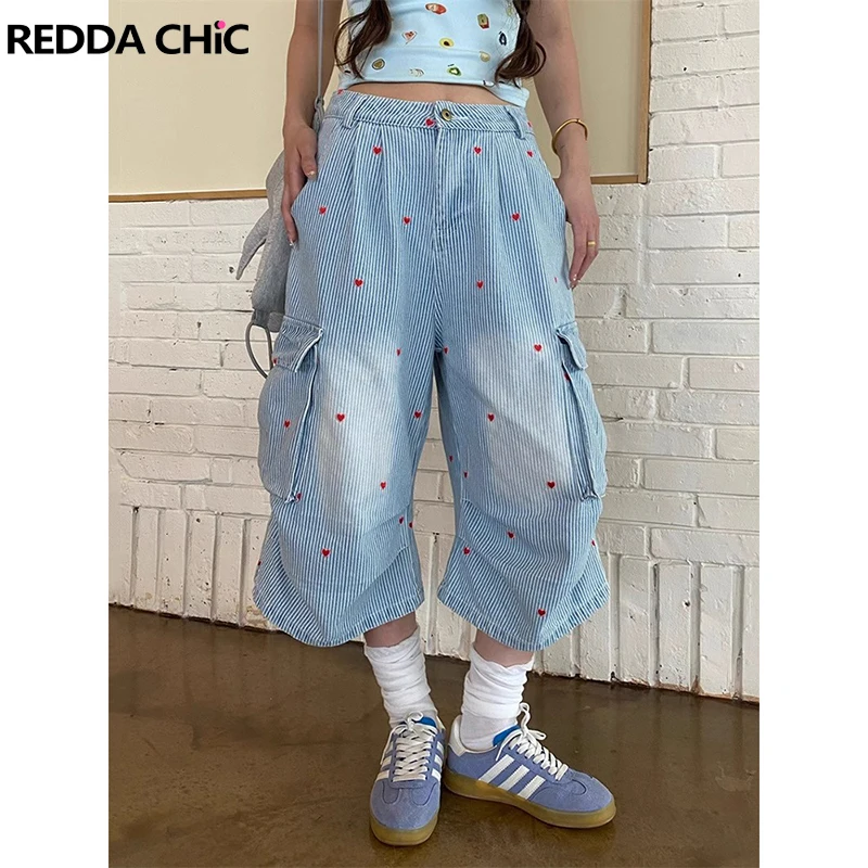 

ReddaChic женские полосатые широкие джинсовые шорты с вышивкой в виде сердца, высокая посадка, складки, карманы, брюки-бермуды, каваи, уличная одежда Y2k