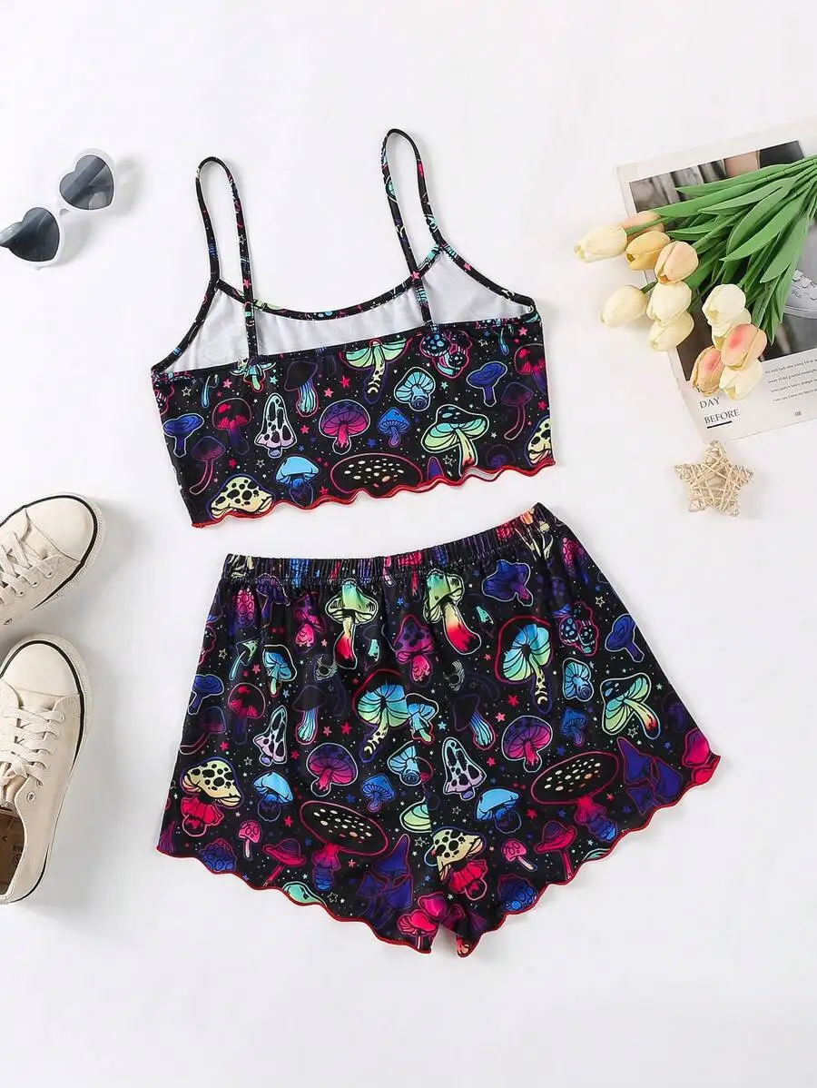 

Colorful Mushroom Print Cami Pajama Set With Shorts Sleepwear Loungewear