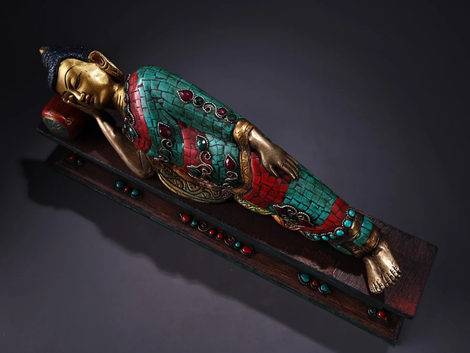 

15"Tibetan Temple Collection Old Bronze Outline in gold Mosaic Gem Turquoise Sleeping Shakyamuni Buddha Meditation Buddha
