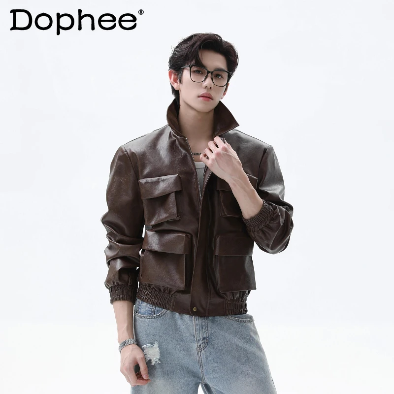 

Мужское осенне-зимнее новое модное пальто из искусственной кожи 2024, стильная мотоциклетная кожаная куртка в американском стиле с несколькими карманами в стиле ретро, пальто