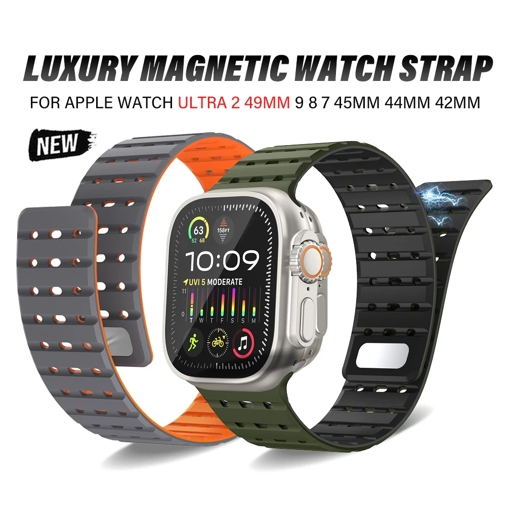 

Магнитный силиконовый браслет для Apple Watch Ultra 2 49 мм, спортивный ремешок для iWatch Series 9 8 7 45 мм 6 5 4 SE 44 мм 42 мм Correa