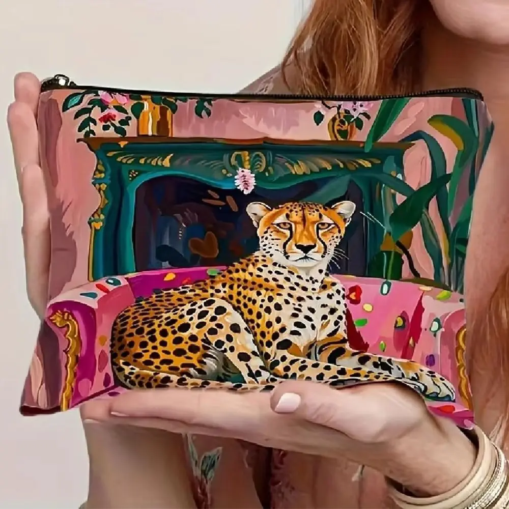New Large Capacity Makeup Bag Leopard Print Canvas Zipper Pouch Multifunctional Jewelry Storage Bag Women
