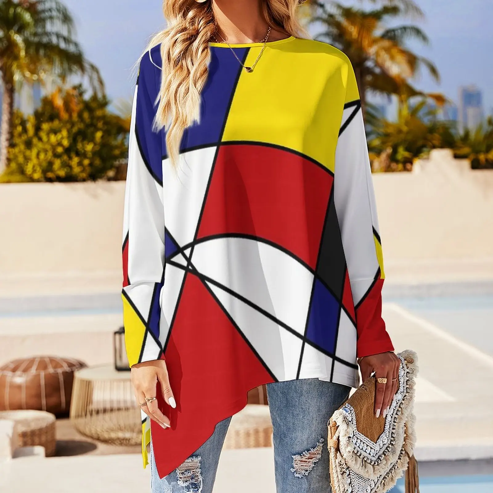 De Stijl T Shirt Mondrian And Gauss Funny Long Sleeve T-Shirts Woman Casual Tshirt Oversized Pattern Tops