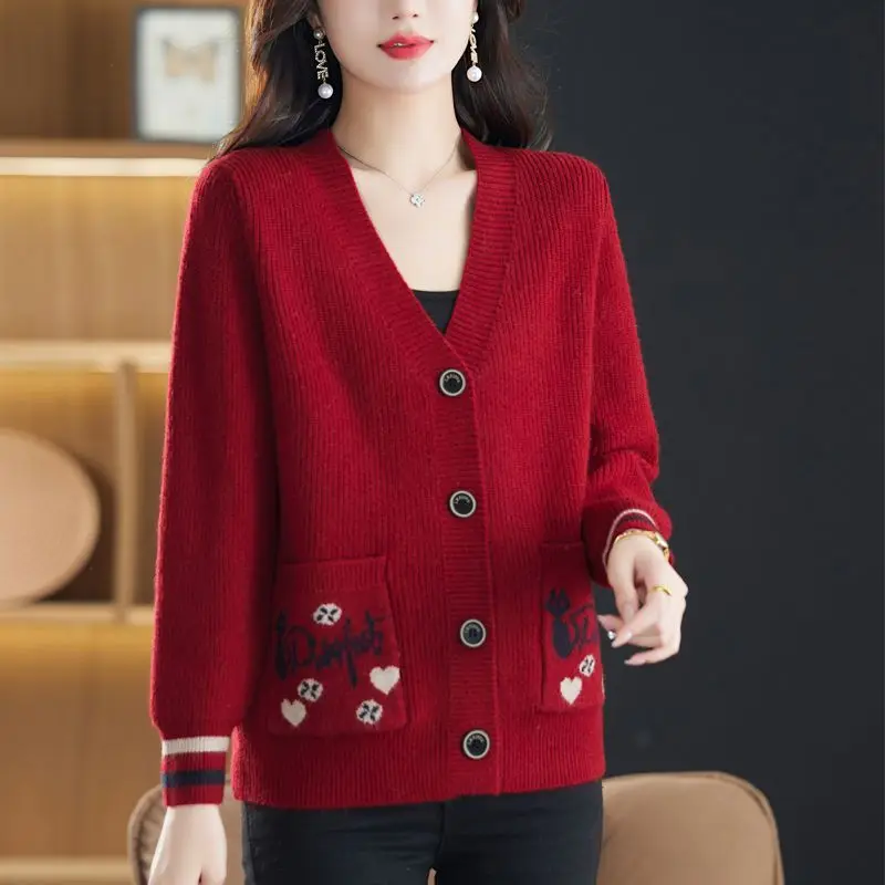 V-neck Pocket Knitting Cardigan Coat Women Autumn Winter Fashion Loose Solid Color Sweater Elegant All-match Trend Knitwear Tops