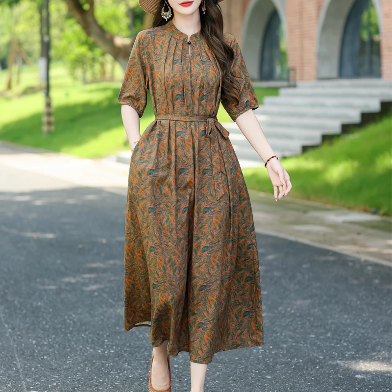 

Новые модные повседневные летние элегантные платья 2025 года для женщин, винтажное платье с короткими рукавами и круглым вырезом с принтом, свободная женская одежда