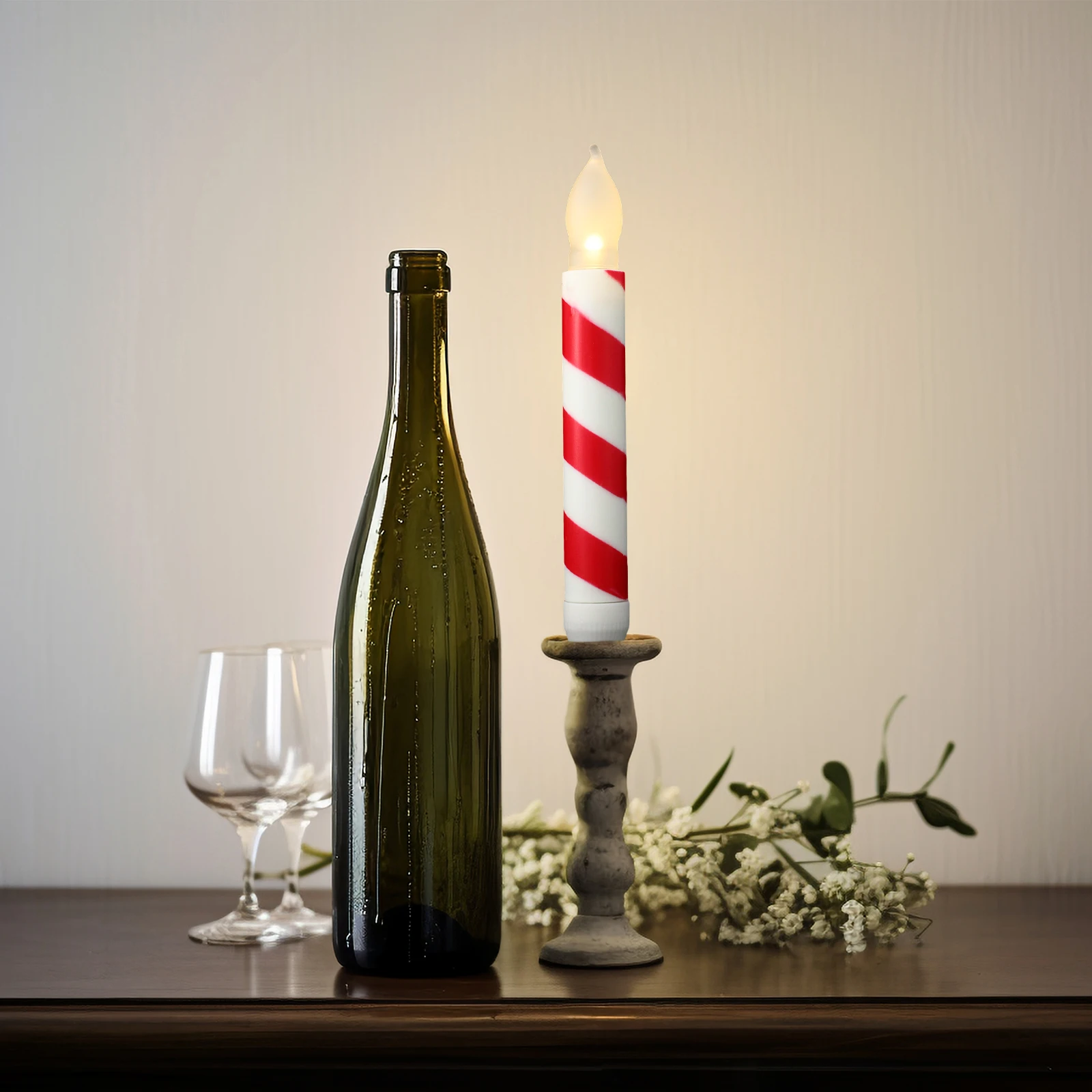 

6pcs Lollipop Candles Electric Flameless Warm White Flash Red White Striped Home Party Decor LED Taper Candles Operated