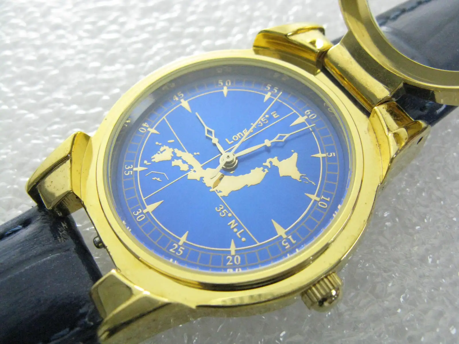 Japan Map Blue Ocean Dial Flip Gold Plated  Quartz Watch