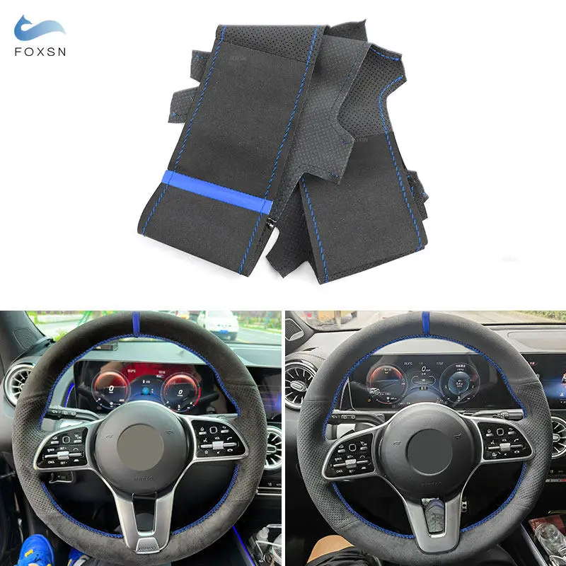 For Mercedes Benz W177 W205 W213 W222 W463 2018 2019 Car Interior Steering Wheel Suede Leather Cover Trim With Blue Line Strip