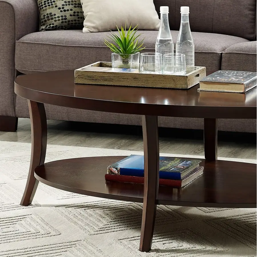 Perth Contemporary Oval Coffee Table with Shelf, Espresso